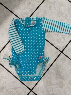 RuffleButts Polka Dot & Stripe Long-Sleeve Baby Swimsuit- size 6-12 months